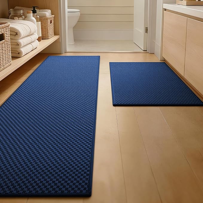 YIHOUSE Bathroom Rugs Sets 2 Piece Non Slip Washable, Absorbent Quick Dry Bath Mat Set, Weave Texture Low Profile Bath Rugs, Floor Mats for Bathroom, Tub & Shower (17"x24" + 17"x47", Dark Blue)