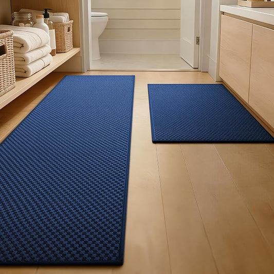 YIHOUSE Bathroom Rugs Sets 2 Piece Non Slip Washable, Absorbent Quick Dry Bath Mat Set, Weave Texture Low Profile Bath Rugs, Floor Mats for Bathroom, Tub & Shower (17"x24" + 17"x47", Dark Blue)