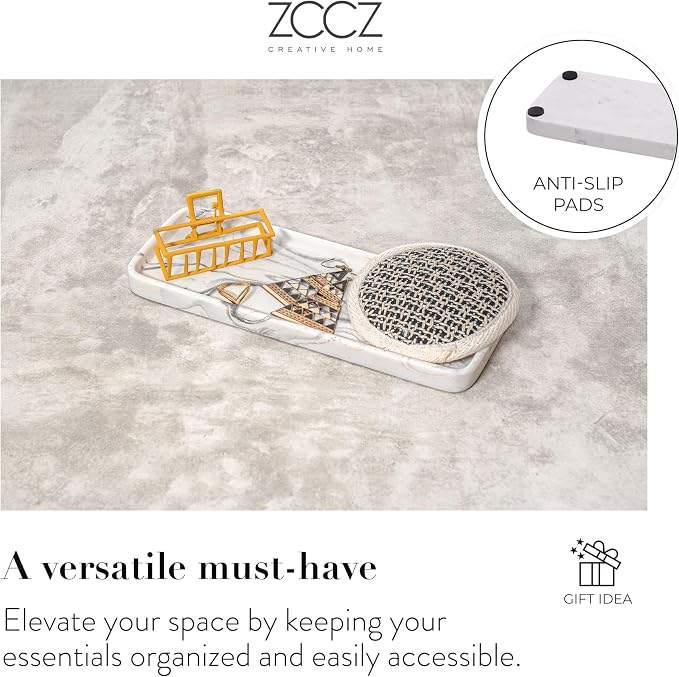 Bathroom Accessory Sets, 4 Pieces Bathroom Accessories Complete Set Vanity Countertop Accessory Set with Marble Look, Includes Lotion Dispenser, Toothbrush Holder and Tray (White Marble Look)