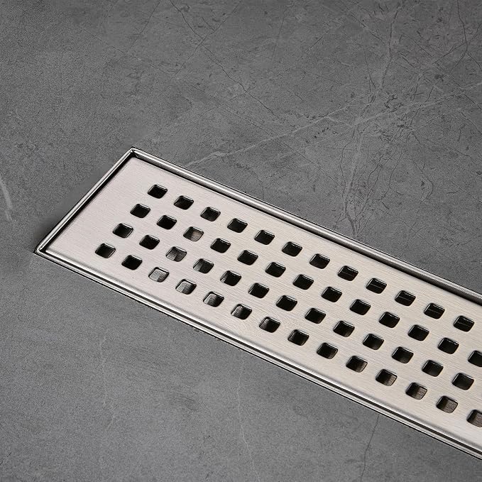 AVSIILE Linear Shower Floor Drain, Brushed Nickel 30 Inch 304 Stainless Steel Bathroom Drains Kit, Long Rectangular Shower Trench Drain with Square Pattern Drain Cover & Hair Catcher