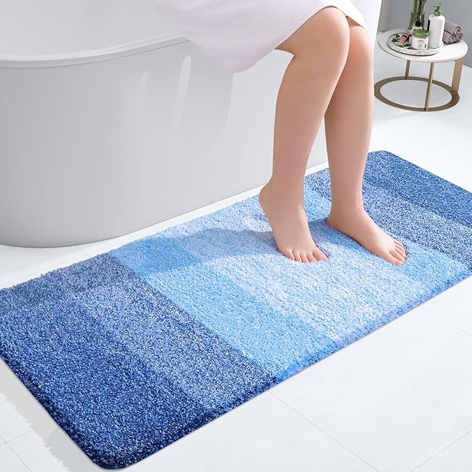 OLANLY Bathroom Runner Rug 47x20, Extra Soft Absorbent Microfiber Bath Rugs | Light Royal Blue, Non-Slip Quick-Drying Rubber Backing, Washable Long Bath Mat for Floor, Tub and Shower, Home Decor