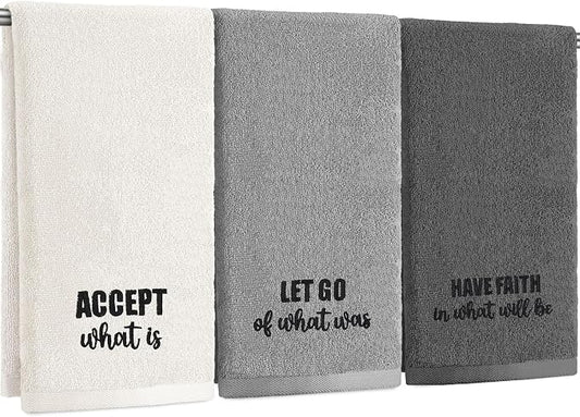 3 Pcs Hand Towels Bathroom Set,Gray,Motivational Language | Embroidered Cotton Farmhouse Towels, Kitchen Decor, Rustic Boho Decorative with Text Labels, Guest Bath Home