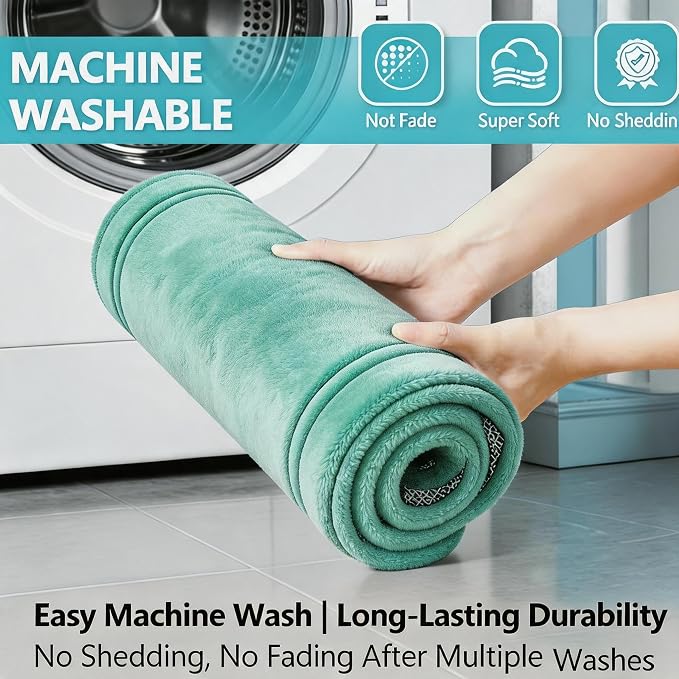 Bathroom Rugs Set 3 Piece Memory Foam, Bordered Toilet Rug, Non-Slip Teal | Coastal & Boho Decor — Rich Teal bath mats, absorbent and washable, with a U-shaped toilet mat.