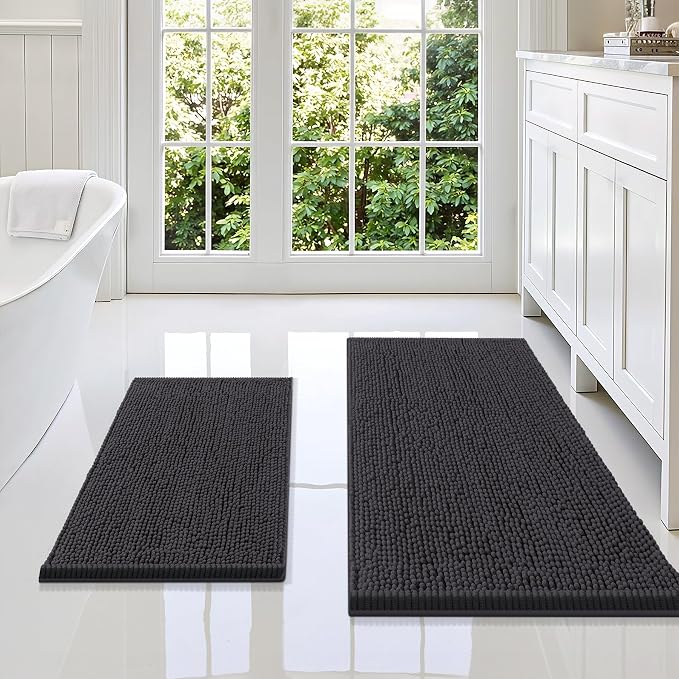 Smiry Chenille Bathroom Rugs Sets 2 Piece (36x24+24x16, Charcoal Grey) | Soft Absorbent Machine Washable Non Slip Shaggy Bath Rug Set for Tub, Shower, and Floor, Home Decor