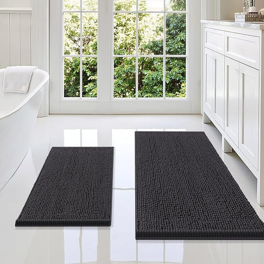 Smiry Chenille Bathroom Rugs Sets 2 Piece (36x24+24x16, Charcoal Grey) | Soft Absorbent Machine Washable Non Slip Shaggy Bath Rug Set for Tub, Shower, and Floor, Home Decor