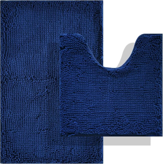 BOANKODU Bathroom Rug Sets 2 Piece, Non-Slip Soft Chenille Bath Mat, 32x20 + 20x20 Inch U Shape, Machine Washable (Navy Blue)