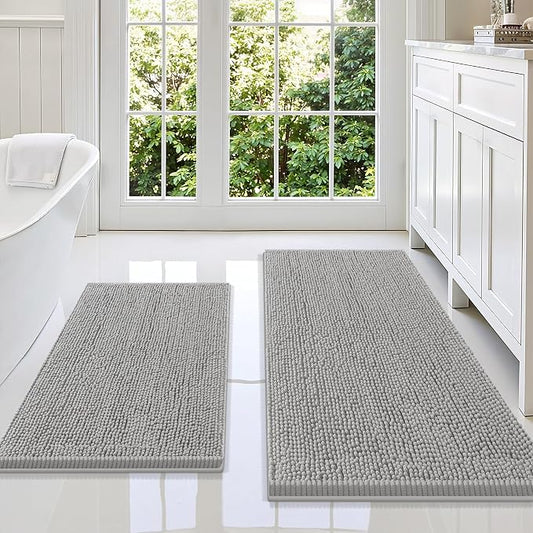 Smiry Chenille Bathroom Rugs Sets 2 Piece (47x20+30x20, Light Grey) | Soft Absorbent Machine Washable Non Slip Shaggy Bath Rug Set for Tub, Shower, and Floor, Home Decor