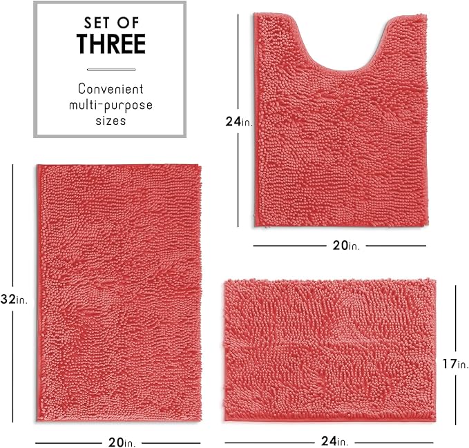 Hearth & Harbor Bathroom Rugs, Chenille Bath Mat - Machine Washable Bath Mats for Bathroom Non-Slip Backing Rubber, Quick Dry Mat - Rose Bath Rug, 17x24-20x32-20x24