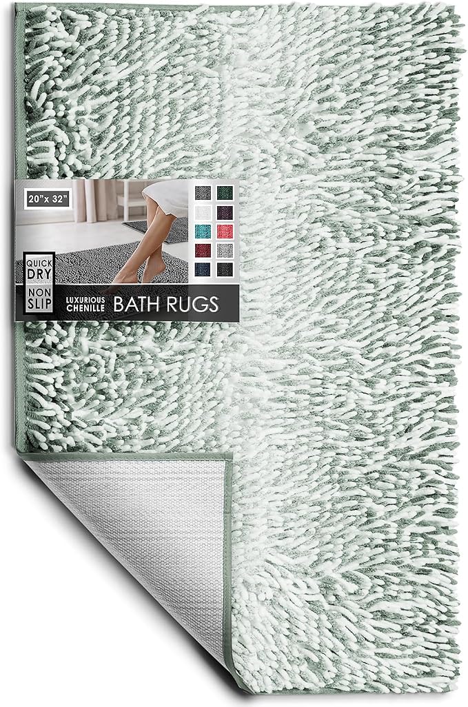 Hearth & Harbor Bathroom Rugs, Chenille Bath Mat - Machine Washable Bath Mats for Bathroom Non-Slip Backing Rubber, Quick Dry Bathroom Mat, 20 x 32 - Ombre Green