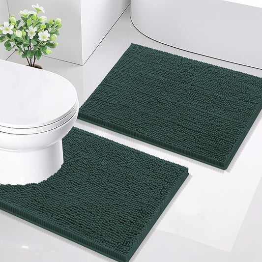 Smiry Chenille Bathroom Rugs Sets 2 Piece (24x16+ U Shape 24x20, Green) | Soft Absorbent Machine Washable Non Slip Shaggy Bath Rug Set for Tub, Shower, and Floor, Home Decor
