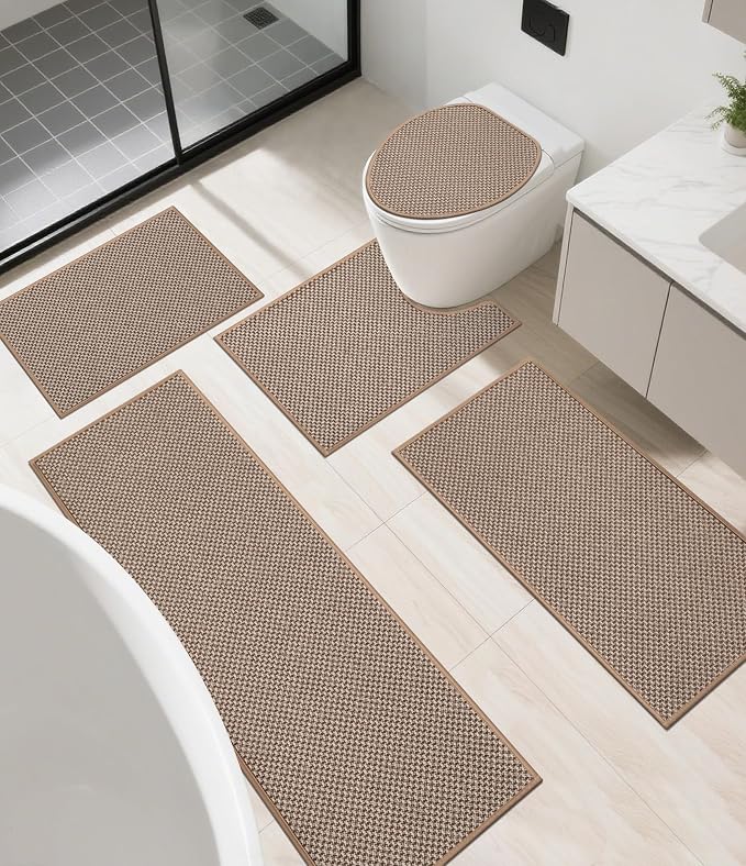 YIHOUSE Thin Bath Mat Khaki Bathroom Rugs Sets 5 Pieces, Non Slip Absorbent Bath Mats Quick Dry, Woven Braided Rugs Washable, Rubber Tapetes para Baño for Bathroom Toliet,Bathtub