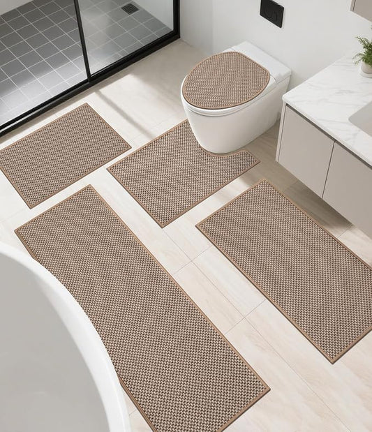 YIHOUSE Thin Bath Mat Khaki Bathroom Rugs Sets 5 Pieces, Non Slip Absorbent Bath Mats Quick Dry, Woven Braided Rugs Washable, Rubber Tapetes para Baño for Bathroom Toliet,Bathtub