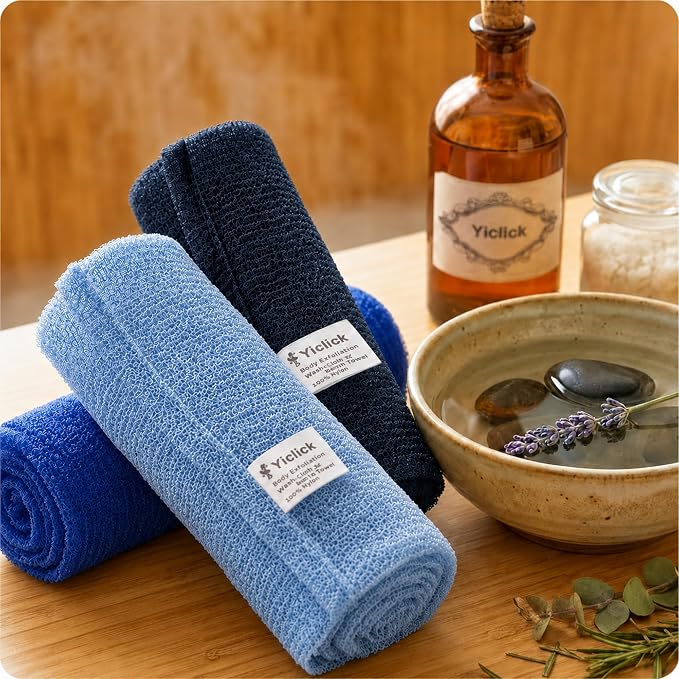 Exfoliating Washcloth Towel- Exfoliating Body Scrubber Exfoliator, Back Scrubber for Shower Bath, Exfoliate Rags Wash Cloths, Loofah Lufa Sponge,Dark Navy Blue + Dark Blue + Blue
