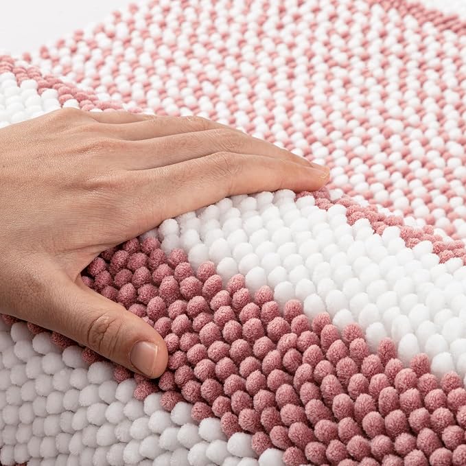 Bathroom Rugs, 20x32 Chenille Bath Mats, Dusty Pink | Extra Soft Absorbent, Non Slip Striped, Quick Dry Machine Washable, Modern, Shower Rug for Bathroom Bedroom Decor
