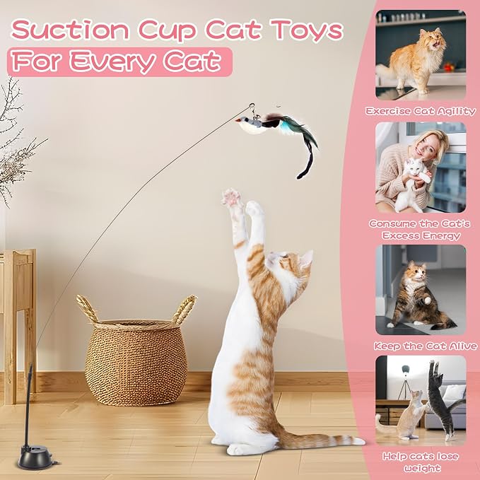 Interactive Bird Simulation Cat Toy Set | Cat Wand Toys,Includes 2 Self-Holding Suction Cup Bases and 6 Detachable Replacement Feather Toys