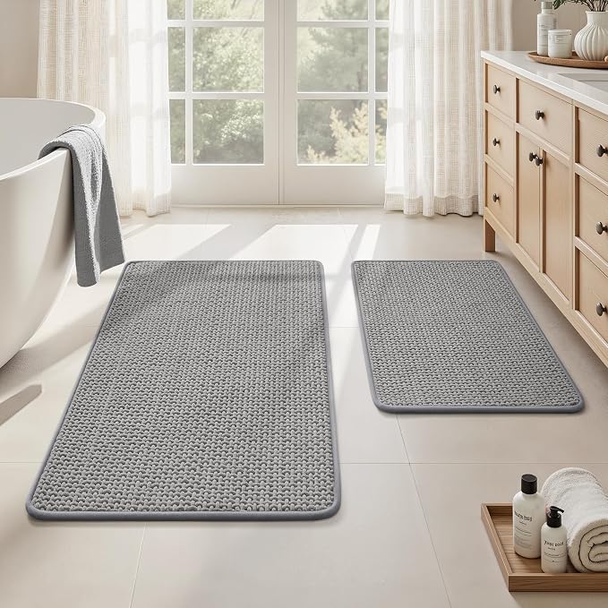 HOMEIDEAS Bathroom Rugs Set 2 Piece Thin Non Slip, Grey 17"x24"+20"x32" | Quick Dry Absorbence Bath Mats, Soft Chenille, Low Profile Fits Under Doors, Ideal for Bathtub, Shower, Elderly and Pets