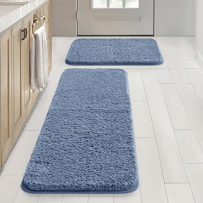 MIULEE Dusty Blue Bathroom Rugs Set 2 Piece Soft Bath Mats 16x24+16x48 Inch | Soft Absorbent Microfiber Bath Rugs, Non Slip, Quick Dry, Fluffy Bath Rugs for Bathroom Floor Tub Showers, Machine Washable