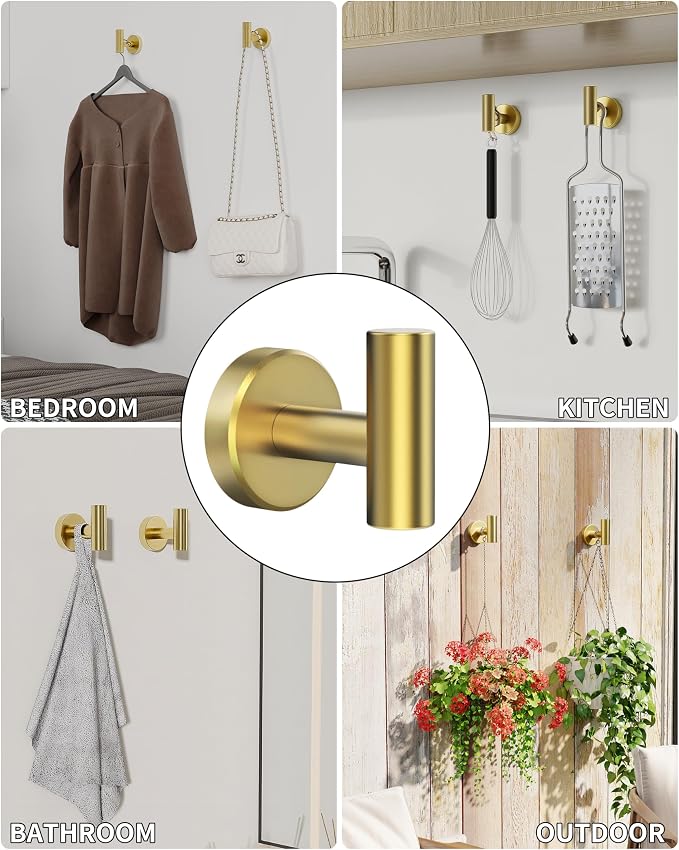 RARXTR Bathroom Towel Hook, Coat Robe Clothes Hook for Kitchen Garage Wall Mounted, 304 Stainless Steel, Heavy Duty Door Hanger, Cabinet Closet Wall Hook for Hotel Pool (Brushed Gold, 4 Pack)