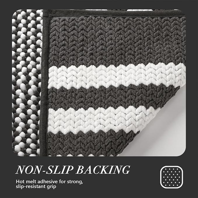 Large Bathroom Rugs, 24x36 Chenille Bath Mats, Dark Grey | Extra Soft Absorbent, Non Slip Striped, Quick Dry Machine Washable, Modern, Shower Rug for Bathroom Bedroom Decor