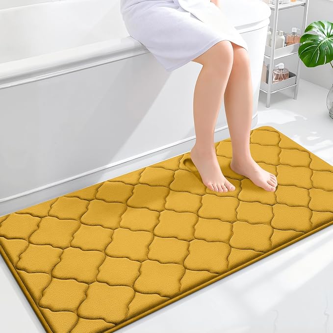 OLANLY Memory Foam Bath Mat Rug 47x24, Ultra Soft Bathroom Rugs, Yellow | Thick Absorbent Carpet, Non-Slip Backing, Machine Washable, for Bathroom Floor, Tub, Shower and Home Decor Accessories