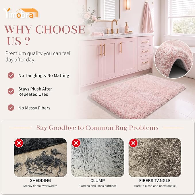 Yimobra Light Pink and White Bathroom Rugs Non Slip Washable, Ultra Soft and Water Absorbent Bath Mats, Plush Fluffy Shower Mat Outside, Microfiber Thick Matts for Bathroom Floor/Sink, 24x17
