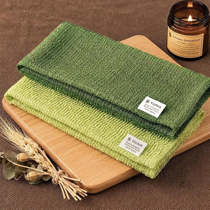 2PCS Exfoliating Washcloth Towel - Exfoliating Body Scrubber Exfoliator, Loofah Sponge Wash Cloth, Korean & Japanse & African Net Sponge Rag - Back Scrubber Washer (Olive Green+Grass Green)