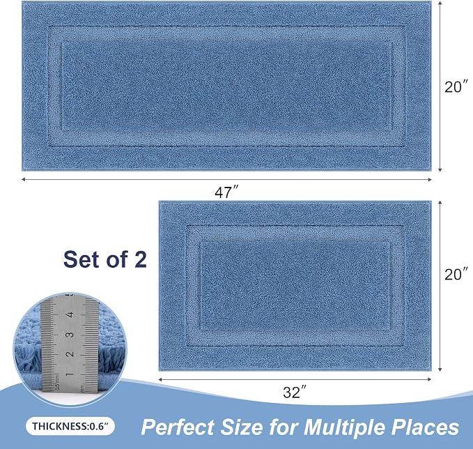 SHACOS Soft Microfiber Bathroom Rugs Set of 2 Pieces, Blue | 47x20 + 32x20, Absorbent Plush Bath Rugs, Non Slip Washable Shaggy Bath Mats, Fluffy Bathroom Runner Floor Mats Shower Rug