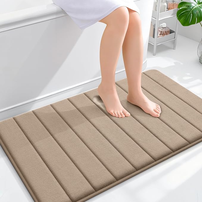 OLANLY Memory Foam Large Bath Mat 40x24, Super Soft Absorbent Bathroom Rugs | Tan, Quick Dry Bath Rug, Machine Washable Shower Floor Mats, Bathmat Carpet for Bathroom Floor, Tub and Shower