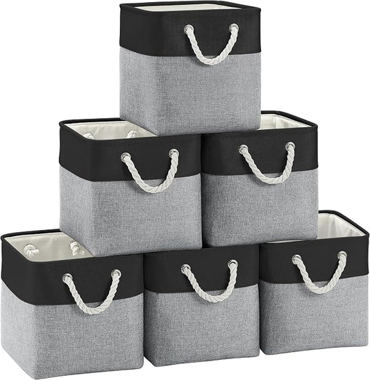 FinishingBo Fabric Cubes Storage Basket, 6 Pack 11x11 in with Handles Cube Storage Bins, for Shelves, Home, Office Organizers (Black/ Gray)