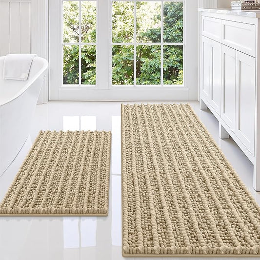 Smiry Bathroom Rugs Sets 2 Piece (49x20+30x20), Extra Soft Bath Mats | Beige Soft Absorbent, Rubber Backing Machine Washable Quick Dry Chenille Bath Rug Set for Tub, Shower, and Floor
