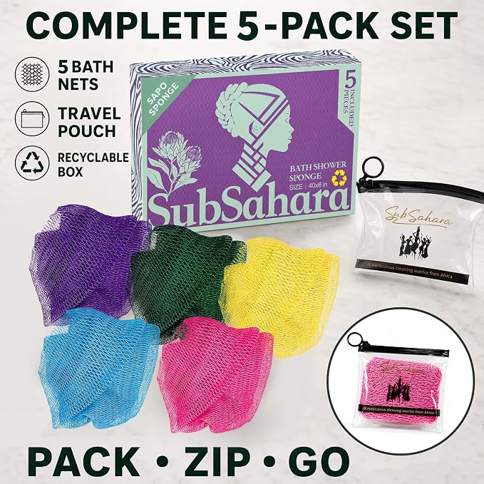 Authentic African Net Sponge, 5 Pack 45-Inch Exfoliating Bath Sponge and Shower Loofah for Body and Back, Colorfast Quick-Dry Knotted Mesh Scrubber with Travel Pouch
