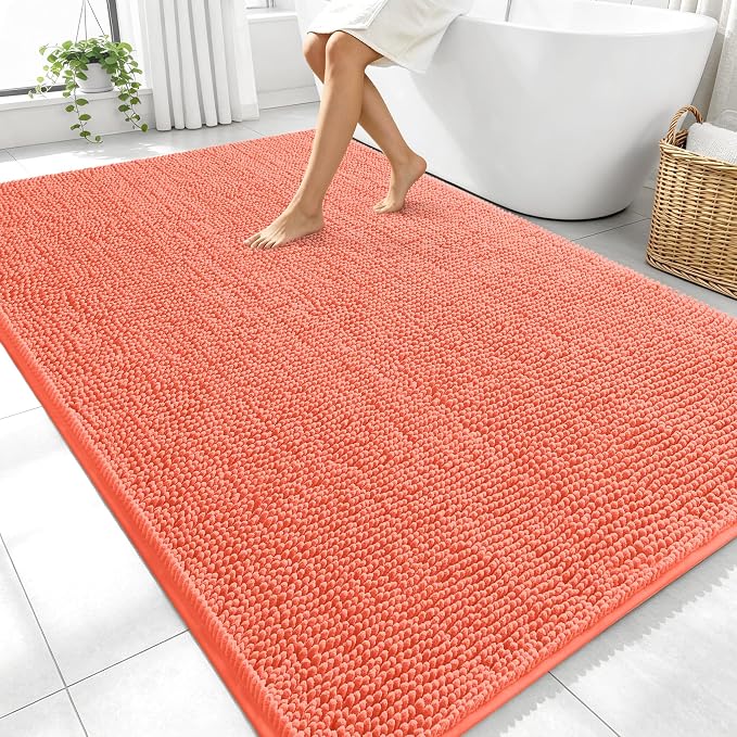OLANLY Large Bathroom Rugs 70x46, Extra Soft Absorbent Chenille Bath Rugs | Coral, Quick-Drying Rubber Backing, Machine Washable Bath Mat for Bathroom Floor, Tub and Shower, Home Decor Accessories