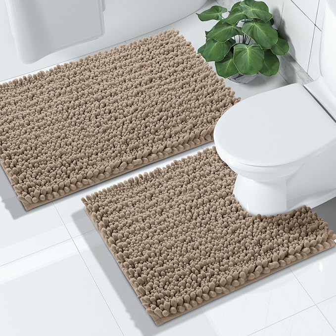 Yimobra Bathroom Rugs Sets 2 Piece - Quick Dry Extra Thick Luxury Chenille Bath Mat, Non Slip Super Absorbent for Tub Shower Sink, Machine Washable Shaggy Floor Mat, 24"x17+24"x20" Inch, Pale Khaki