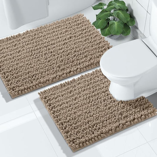 Yimobra Bathroom Rugs Sets 2 Piece - Quick Dry Extra Thick Luxury Chenille Bath Mat, Non Slip Super Absorbent for Tub Shower Sink, Machine Washable Shaggy Floor Mat, 24"x17+24"x20" Inch, Pale Khaki