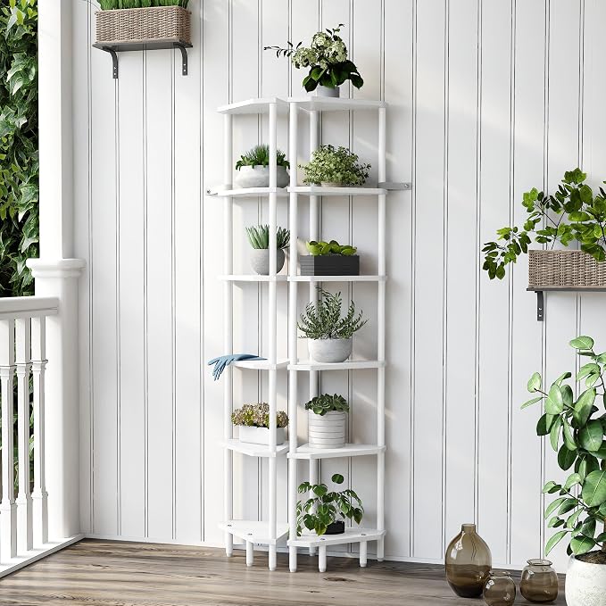 6 Tier Corner Shelf with LED Light, 66.5'' Tall Standing Shelf, Narrow Display Shelf Stand, Modern Corner Bookshelf, Plant Stand, Corner Bookcase for Living Room, Bedroom, Small Space LCS502WE