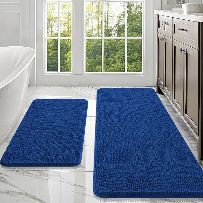 OLANLY Chenille Bathroom Rugs Mats Set 2 Piece, 47"x20"+30"x20", Royal Blue | Ultra Soft Absorbent Bath Rugs Set, Rubber Backing Non-Slip, Quick Dry, Machine Washable Bath Carpet, Home Decor Accessories