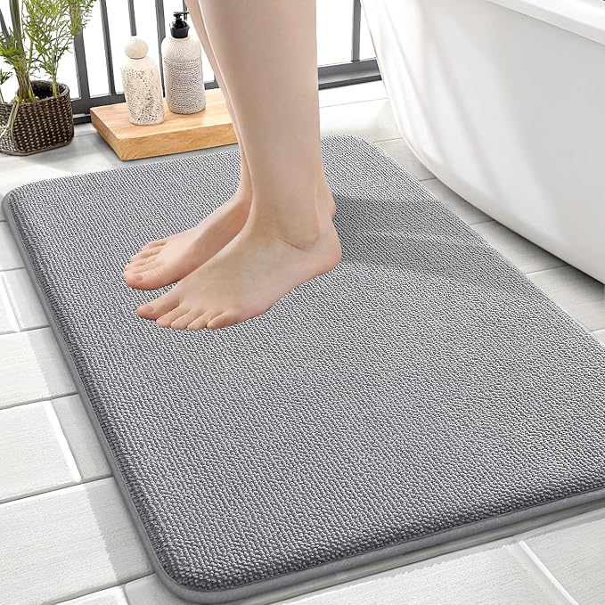 OLANLY Thick Memory Foam Small Bathroom Rug 24x16, Absorbent Bath Mat, Grey | Soft Quick Dry Bath Rugs, Non-Slip Carpet, Machine Washable Mat for Bathroom Floor, Tub and Shower, Home Decor Accessories