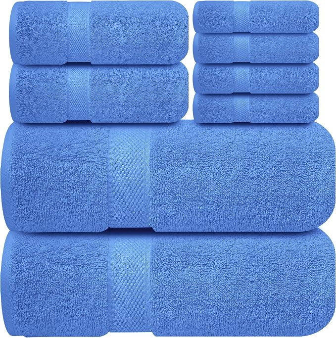Infinitee Xclusives 100% Cotton Bath Towel Set – 8 Piece Bathroom Towel Set | (2 Bath Towels, 2 Hand Towels, 4 Washcloths) – Soft & Absorbent Towels for Bathroom - Gym, Shower, Spa & Hotel Use
