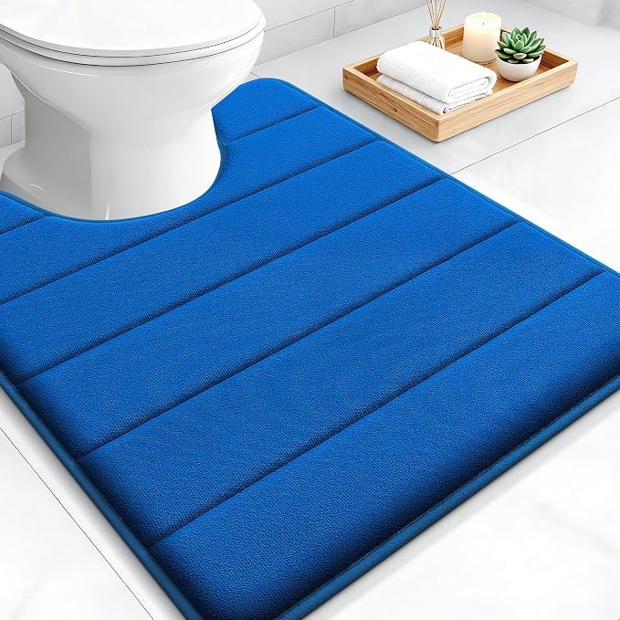 OLANLY Memory Foam Toilet Rugs U Shaped 24x20, Super Soft and Absorbent | Royal Blue, Quick Dry Commode Contour Bath Rugs, Machine Washable Toilet Mat, Comfortable Bathmat Carpet for Bathroom Floor
