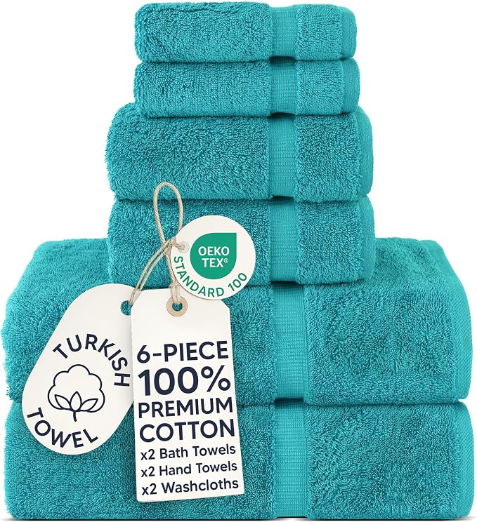 Chakir Turkish Linens 100% Cotton 6-Piece Towel Set, Aqua | 100% cotton 6-pc set, OEKO-TEX certified: 2 bath 27x54, 2 hand 16x30, 2 washcloths 13x13