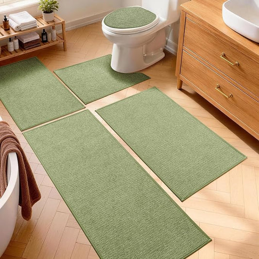 Green Bathroom Rugs Sets 5 Piece, Quick Dry Thin Bath Mat with Toilet Rug, Non Slip Absorbent Machine Washable, Bath Runner Rugs for Bathtub Sink Home Decor