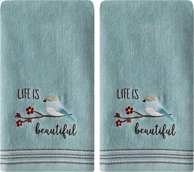 SKL Home by Saturday Knight Ltd. Life Is Beautiful 2 Pc Hand Towel Set, Aqua | 100% Cotton. Soft, decorative velour. For use in the bathroom, kitchen or bar & makes a great gift.