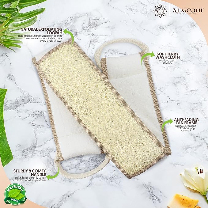 ALMOONI Back Scrubber for Shower, Natural Loofah Sponge, Tan, 1 Count | Natural Egyptian Loofah Sponge, Long Back Scrubber, Cotton Handles, Face & Body, Gentle Exfoliation