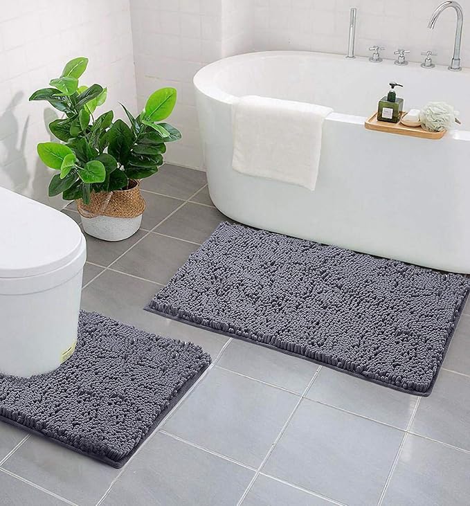 LuxUrux Bathroom Rugs Sets 2 Piece, Bathroom Rug Set, Soft Absorbent Chenille Bath Mat & Contour Toilet Rug, Non Slip, Quick Dry, Machine Washable Shaggy Bathroom Mats (Gray, 20"x30"+20"x20" U-Shaped)