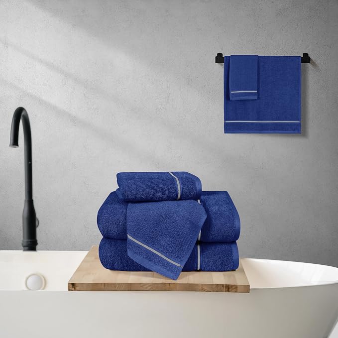 MyOwn Ultra Soft 6 Pack Cotton Towel Set, Contains 2 Bath Towels 28x55 inch, 2 Hand Towels 16x24 inch & 2 Wash Coths 12x12 inch, Ideal Everyday use, Compact & Lightweight - Navy Blue