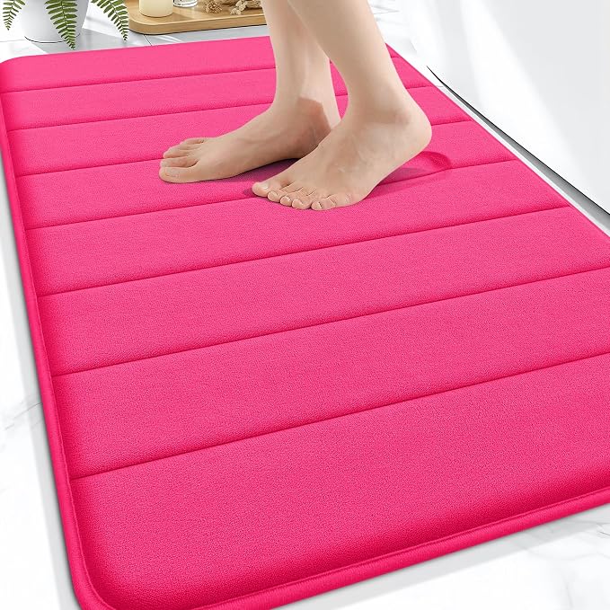 OLANLY Memory Foam Bath Mat 34x21, Super Soft and Absorbent Bathroom Rugs | Hot Pink, Quick Dry Bath Rug, Machine Washable Shower Floor Mats, Bathmat Carpet for Bathroom Floor, Tub and Shower