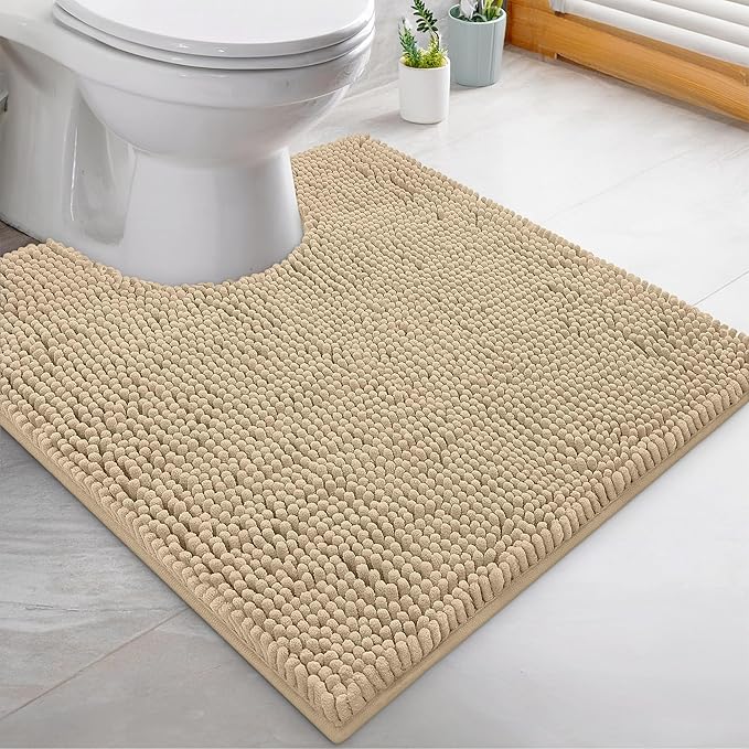 LuxUrux 2-Piece Bathroom Rug Set – Plush Chenille Runner & U-Shaped Toilet Mat, Soft, Absorbent & Non-Slip Design (20x20 U & 27x47 inches, Birch)