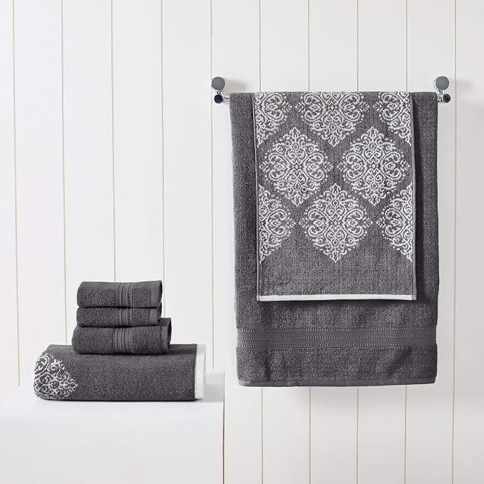 Modern Threads 6-Piece 100% Cotton Damask Medallion Towel Set, Charcoal | Highly Absorbent, Soft & Plush, Quick-Drying, 550 GSM, Color-Rich Yarn-Dyed Design, OEKO-TEX Certified
