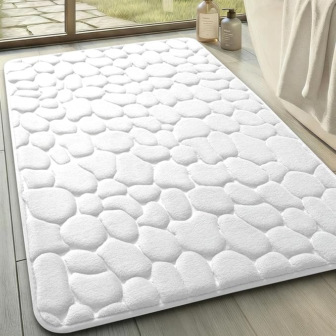 YIHOUSE Bath Mat, Memory Foam, Cobblestone, Bathroom Rugs, 20 x 32, White, Super Water Absorbent, Non-Slip, Machine Washable