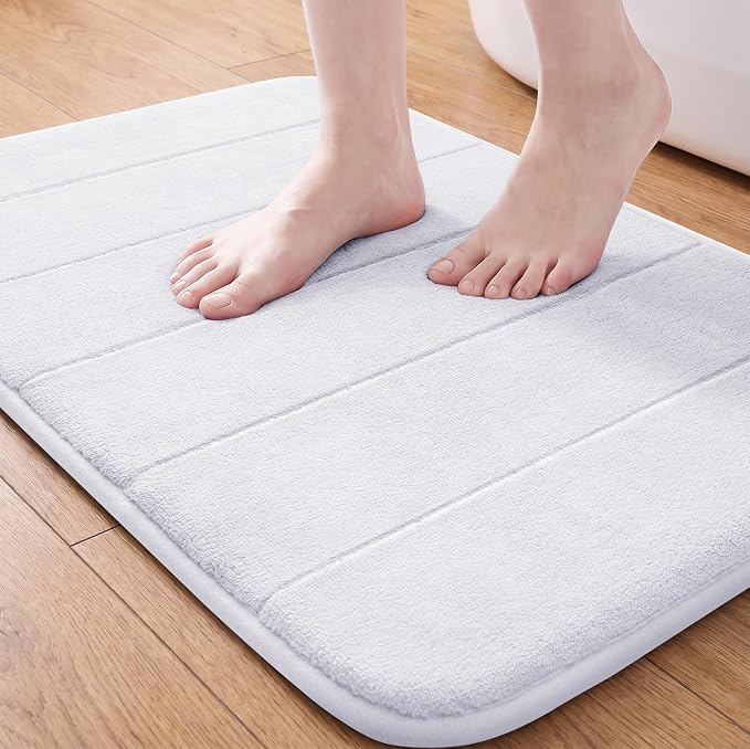 Yimobra Memory Foam Bath Mat, Super Soft Absorbent Bathroom Rug Non Slip, Quick Dry, Machine Washable Floor Carpet for Tub Shower, Home Decor Accessories, 24x17, White